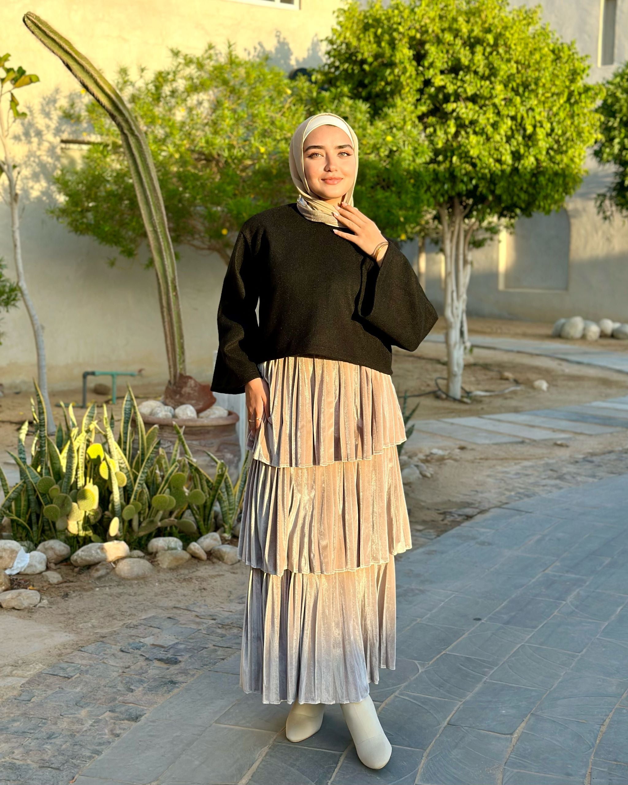 Layered Velvet Skirt-Beige