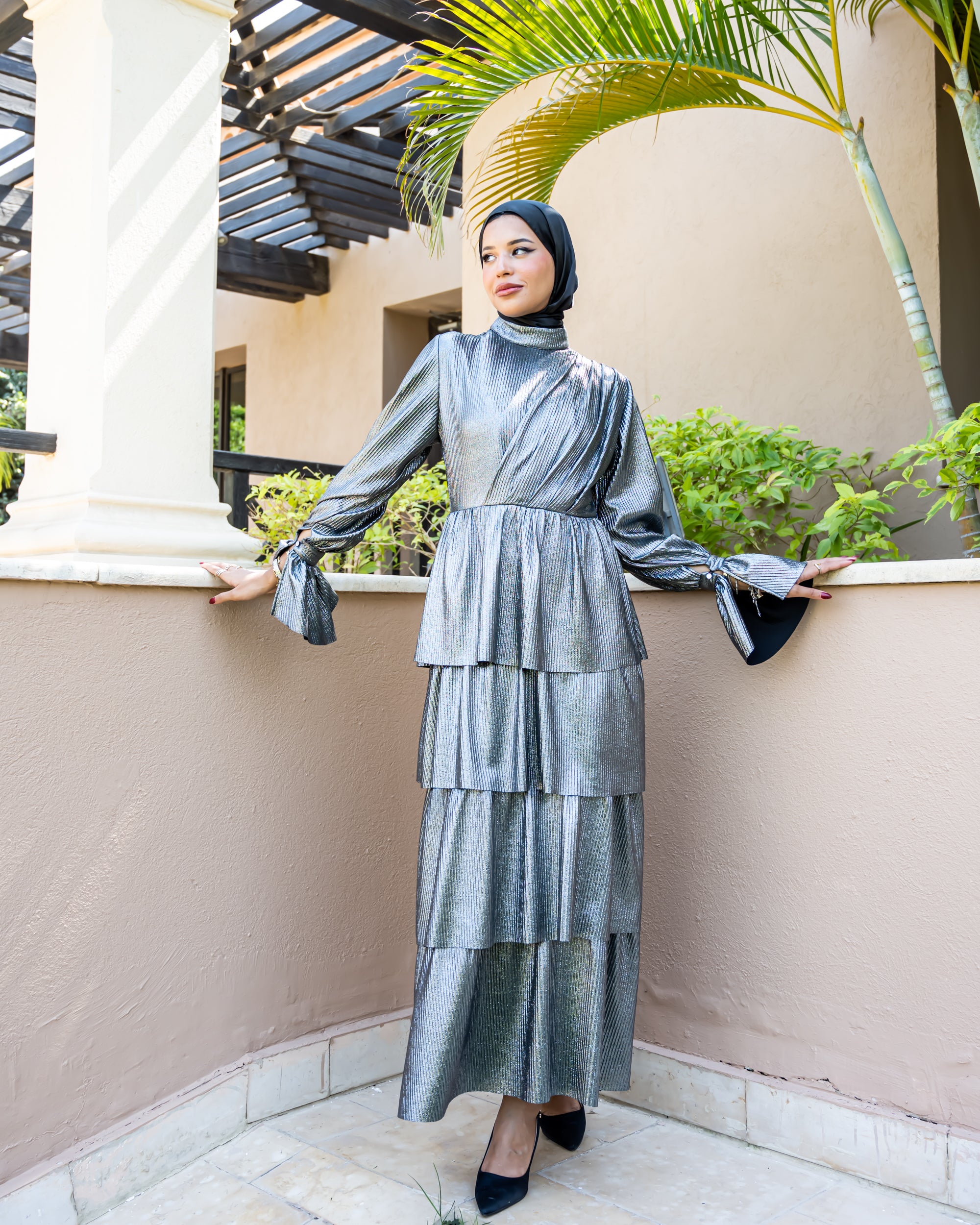 silver dress hijab Silver Gray Hijab Evening Dress 5408-08