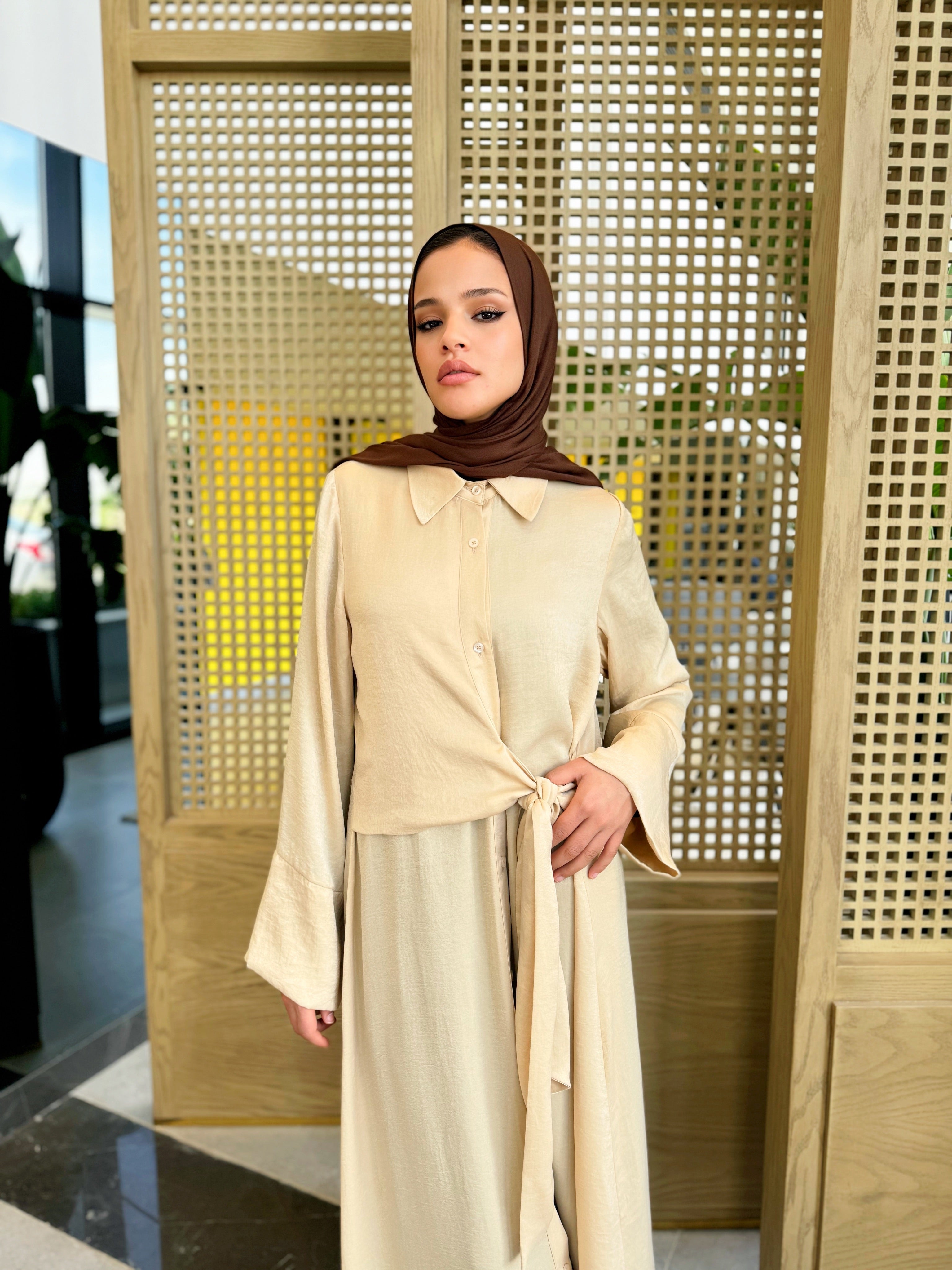 Overlap Tie Satin Dress - Beige
