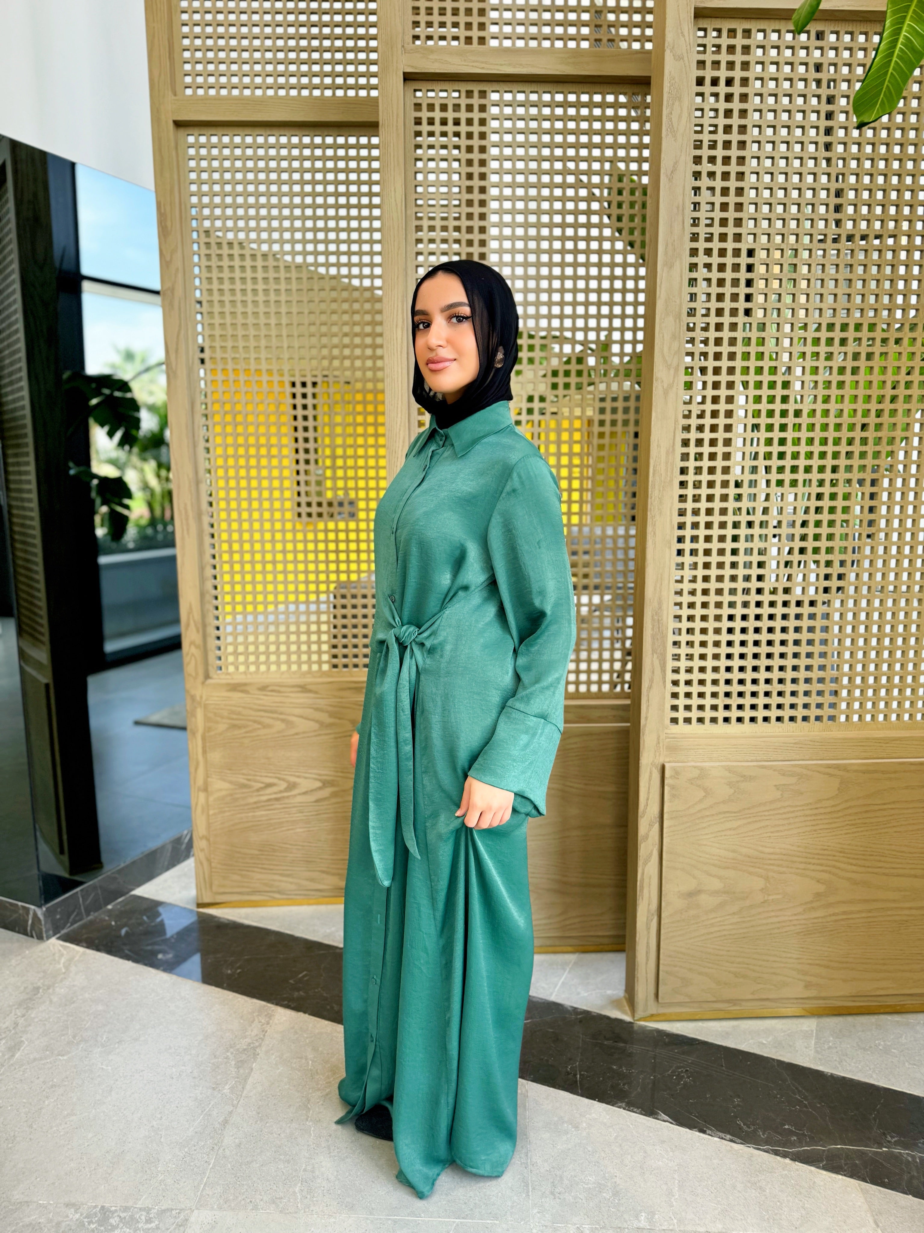 Overlap Tie Satin Dress - Teal