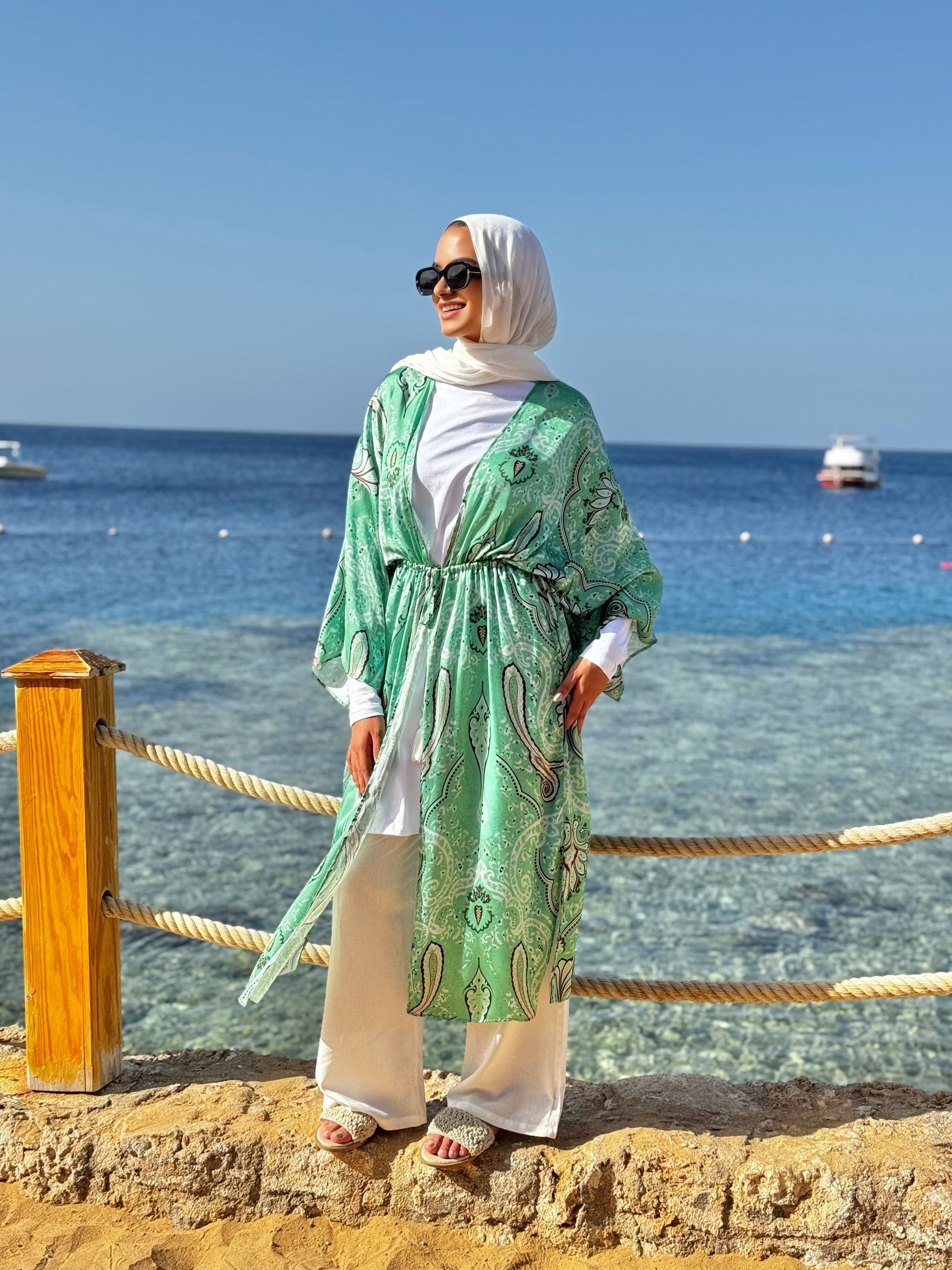Satin Drawstring Kimono-Green