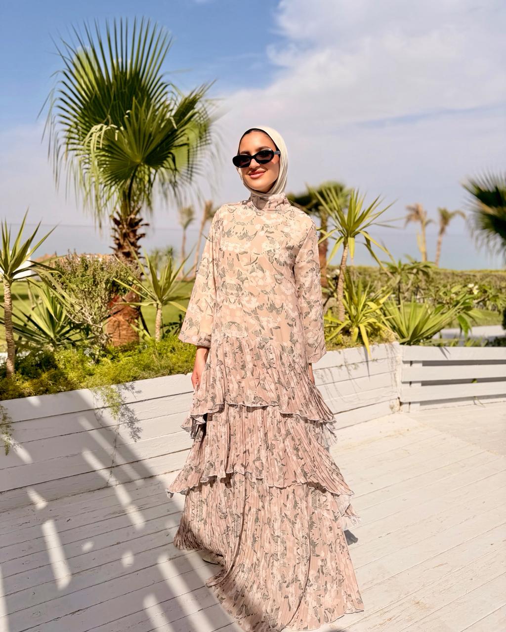 Double Pleated Layers Dress -Beige