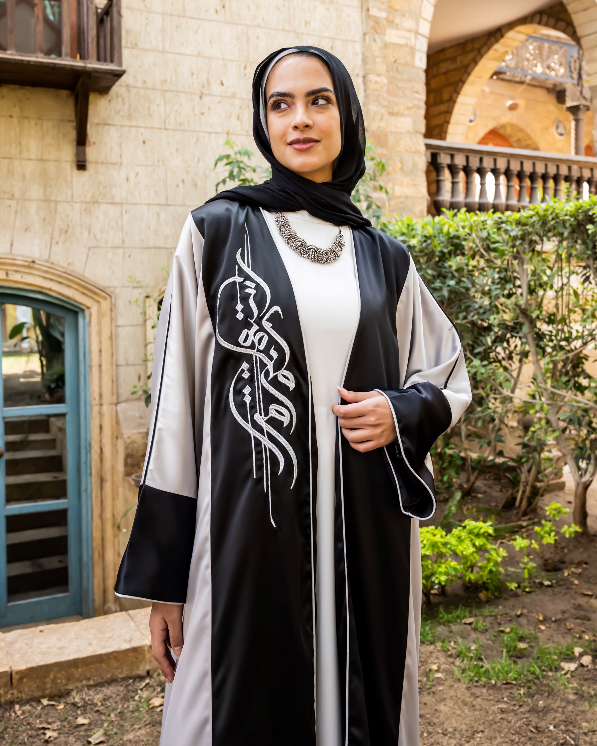 Embroidered Color Block Kaftan-Silver