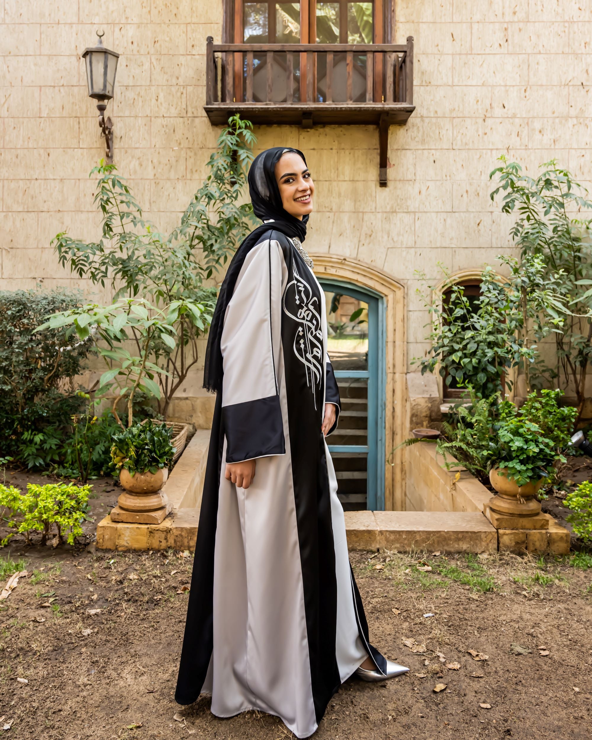 Embroidered Color Block Kaftan-Silver