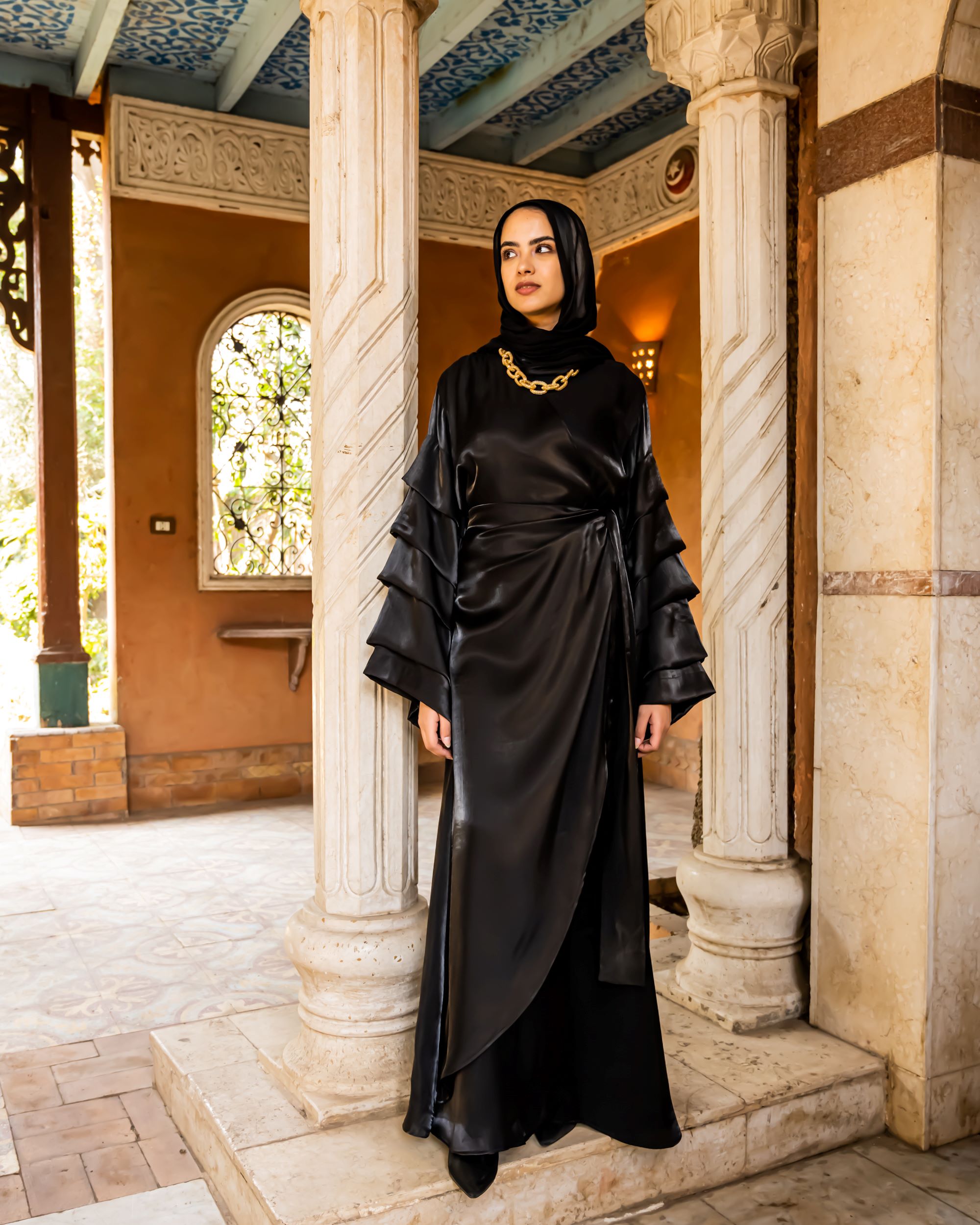 women's hijab dress Adeeza Modest Gown with free 12+ colors versatile garment can be worn daily or during prayers. Pleated Sleeves Shimmer Dress-Black