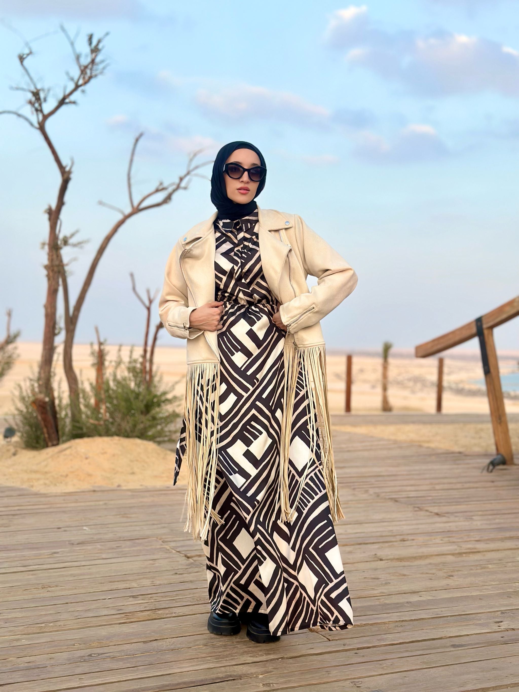 Fringed Hem Jacket-Beige
