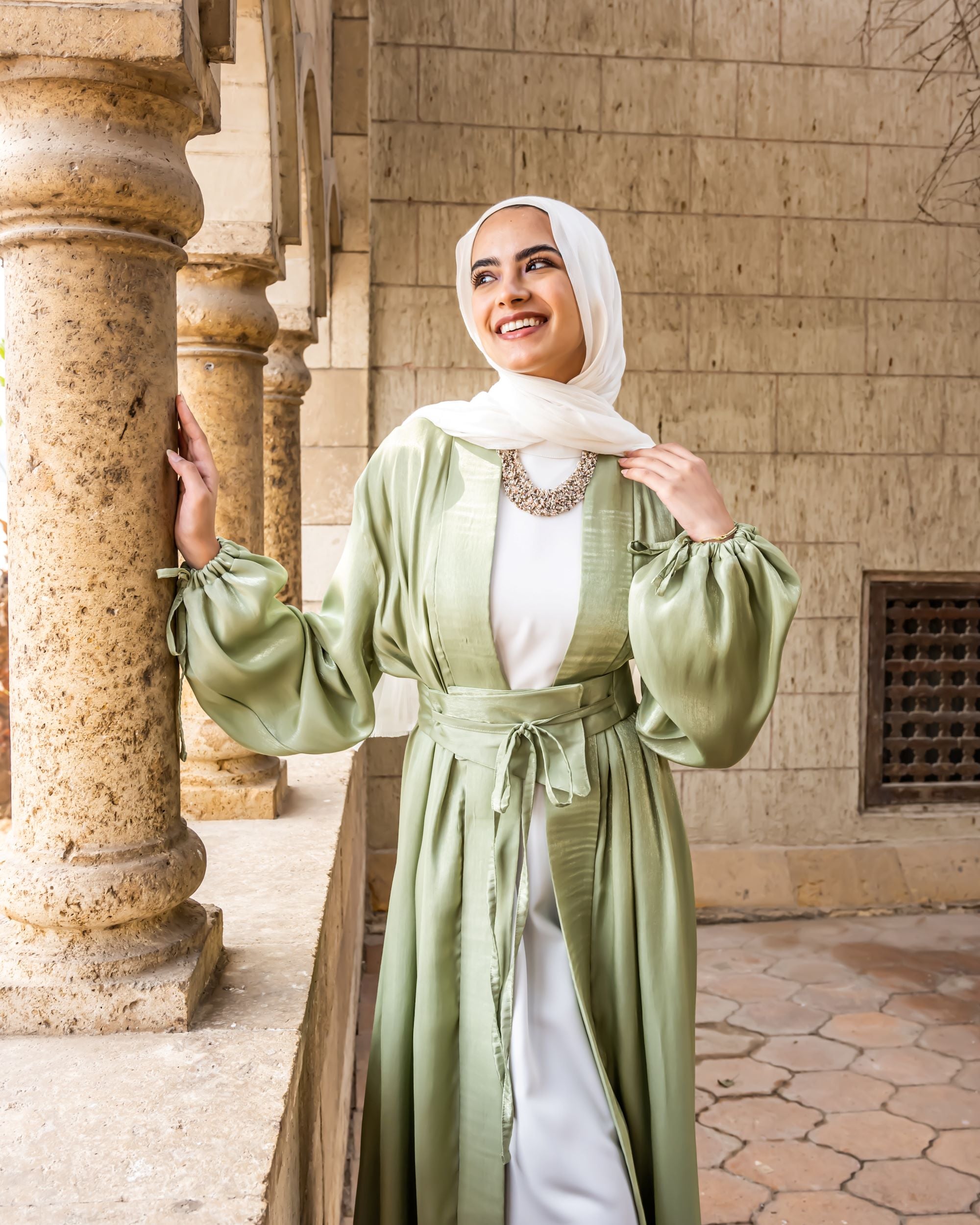 Shimmer Belted Kaftan-Green
