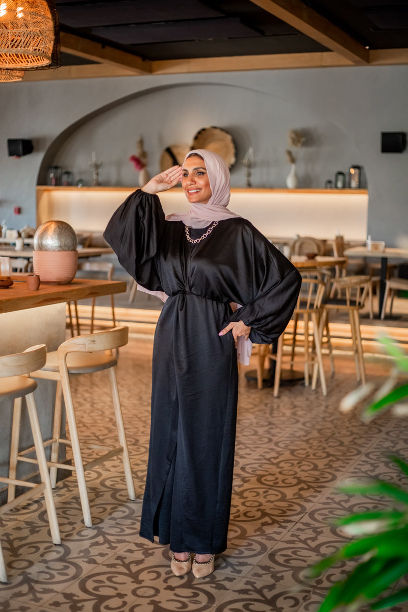 Knot Satin Dress-Black Hijab Boutique Knot Satin Dress-Black Hijab Boutique