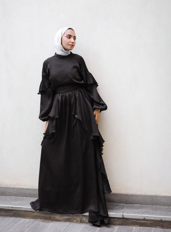 Satin Ruffles Dress - Black