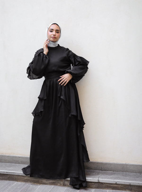 Satin Ruffles Dress - Black