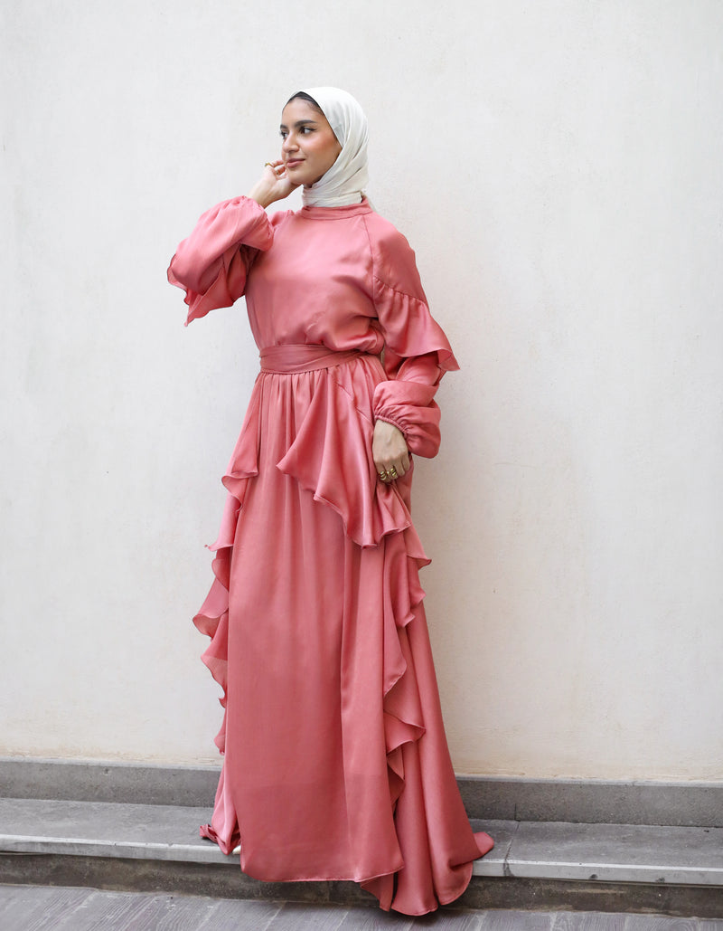 Satin Ruffles Dress - Brick