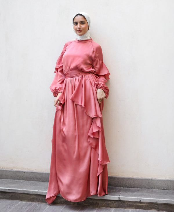 Satin Ruffles Dress - Brick