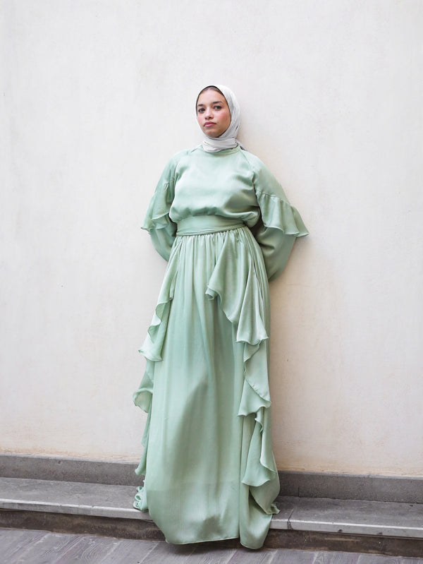 Satin Ruffles Dress - Mint