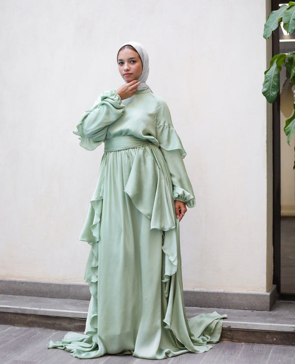 Satin Ruffles Dress - Mint