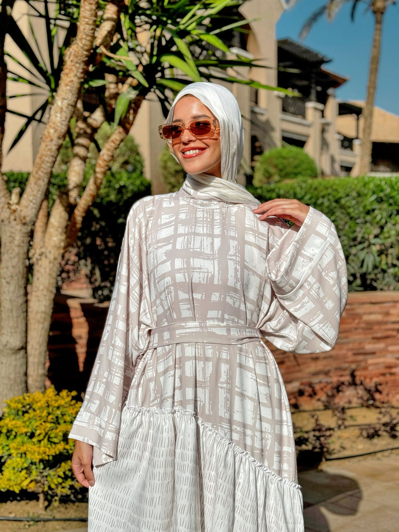 Boho Flowy Ruffled Dress-Beige