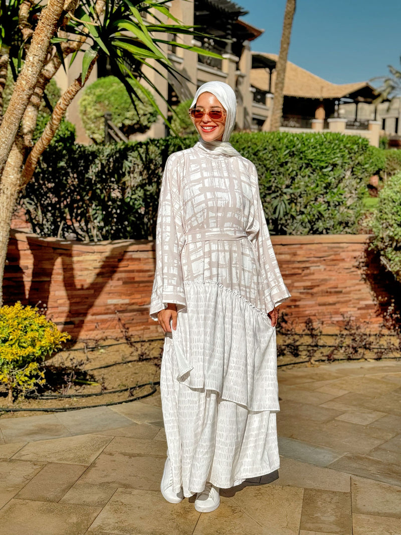 Boho Flowy Ruffled Dress-Beige Hijab Boutique Boho Flowy Ruffled Dress-Beige Hijab Boutique