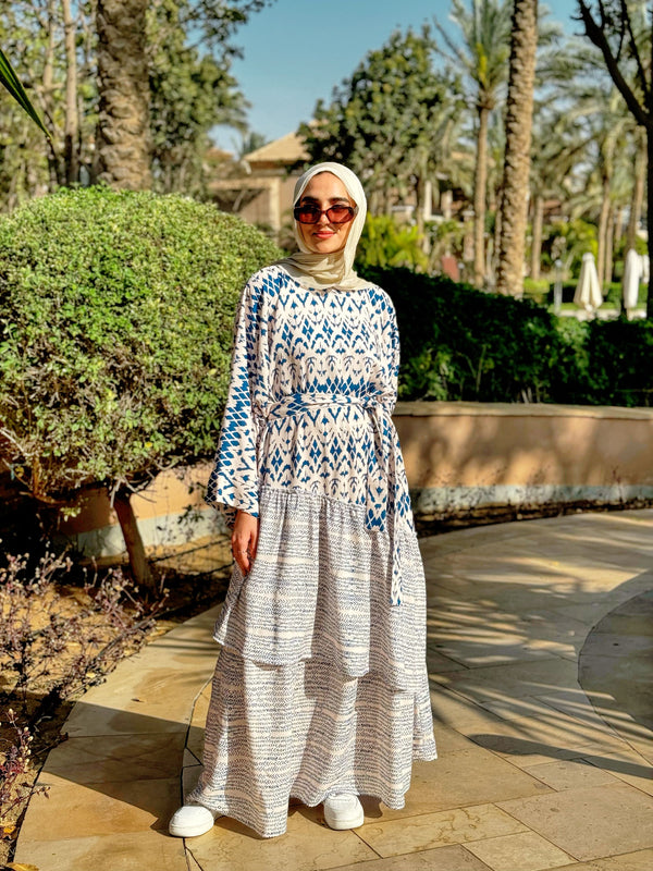 Boho Flowy Ruffled Dress-Blue