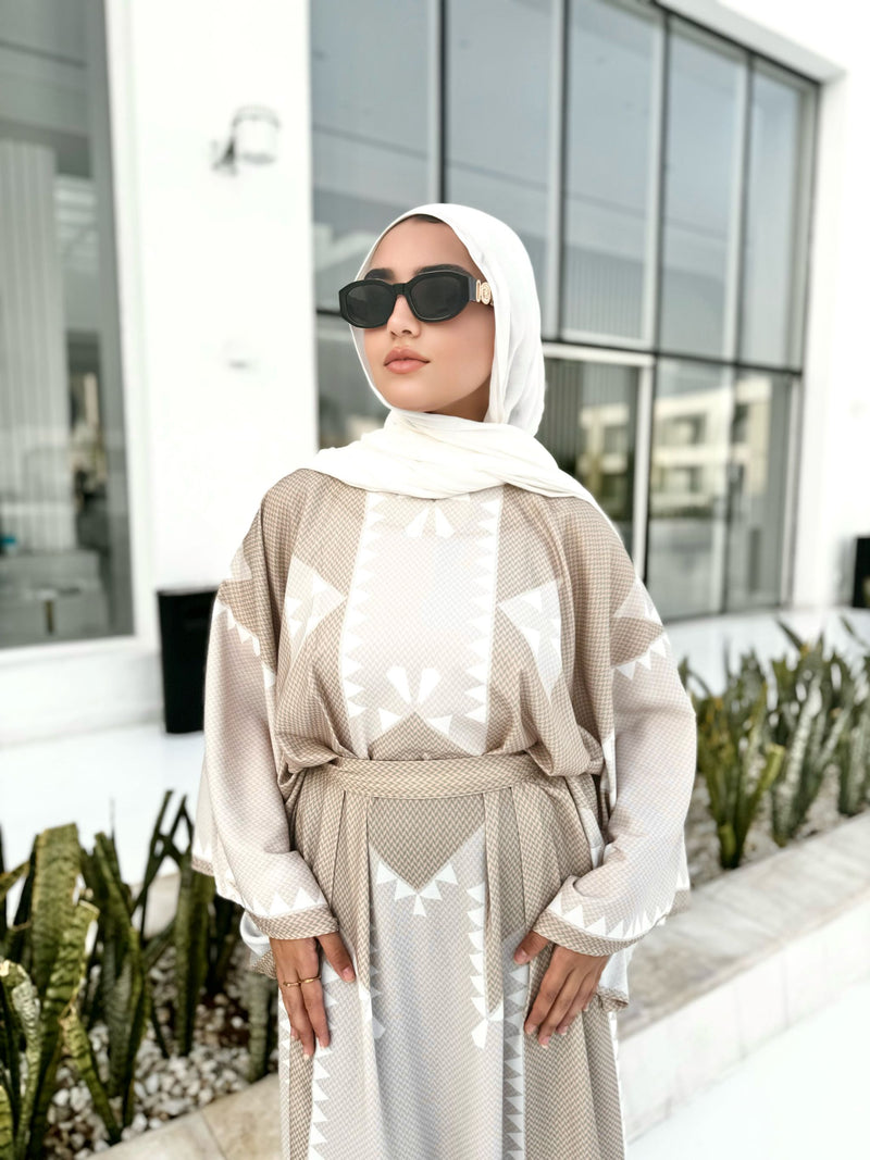 Boho Printed Linen Dress-Beige