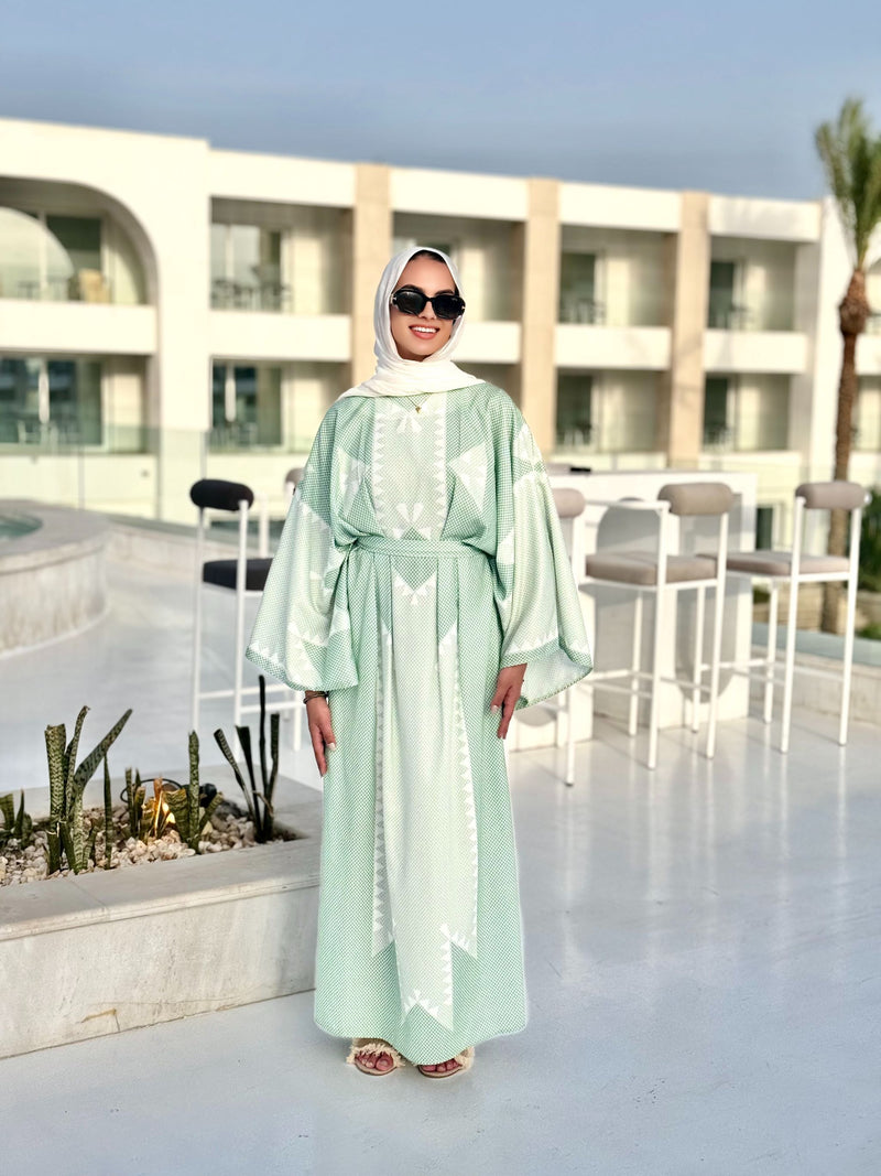 Boho Printed Linen Dress-Mint
