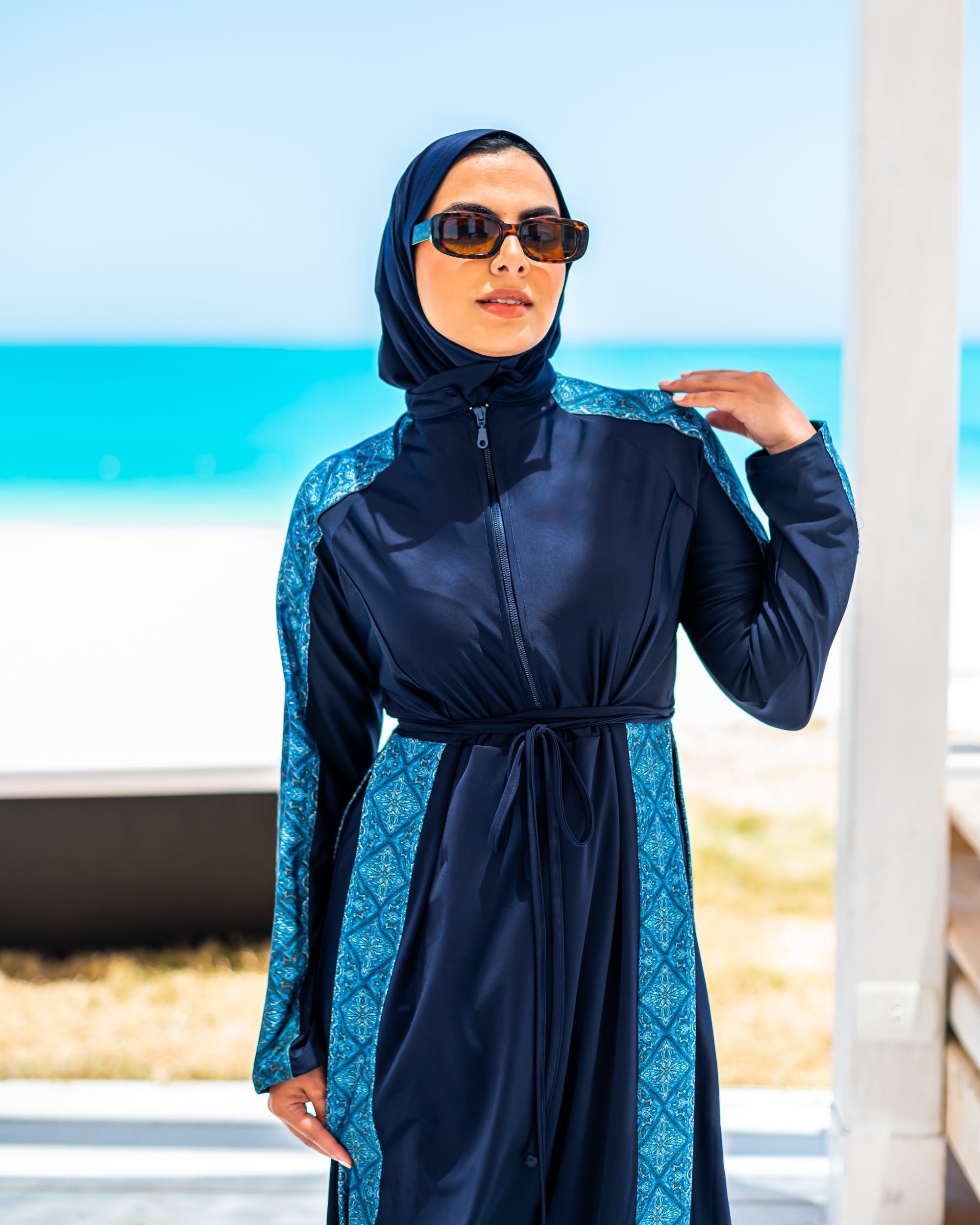 Border Side Slits Burkini-Dark Blue