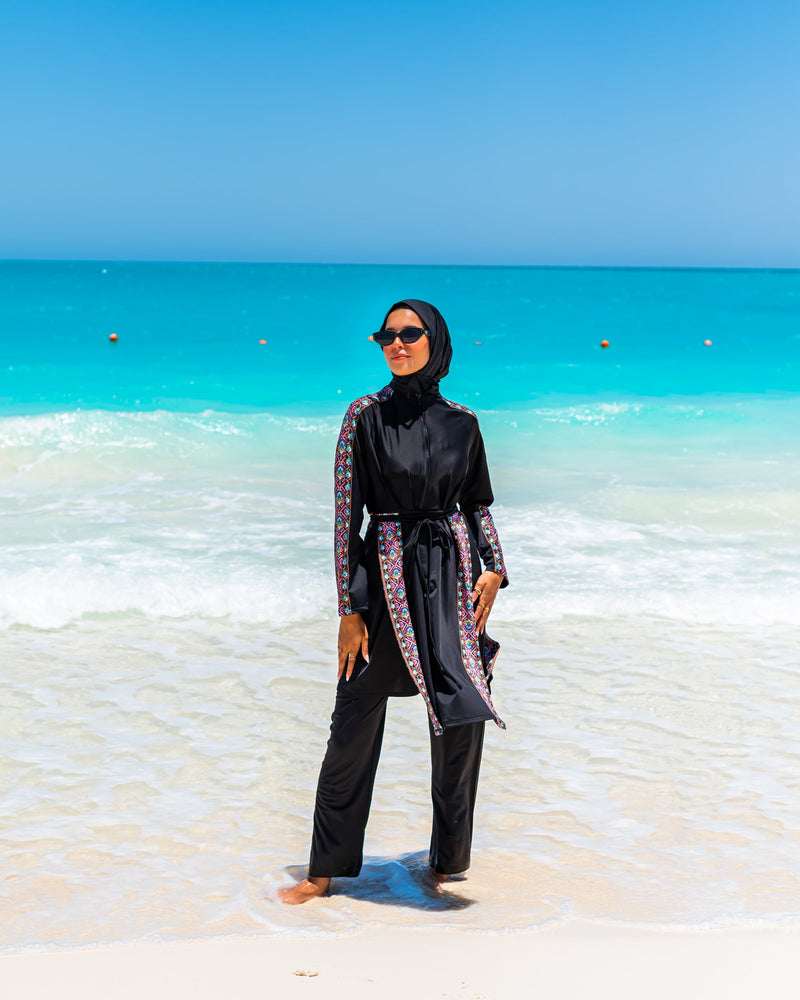 Border Side Slits Burkini-Black
