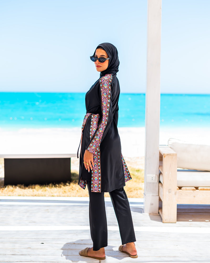 Border Side Slits Burkini-Black