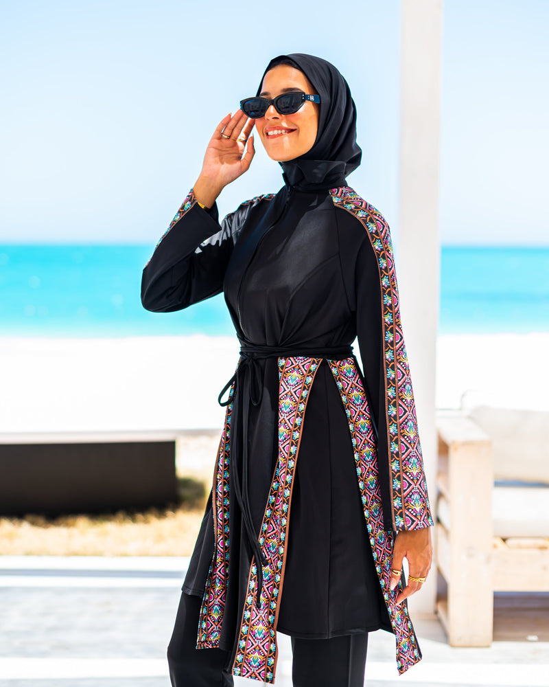 Border Side Slits Burkini-Black
