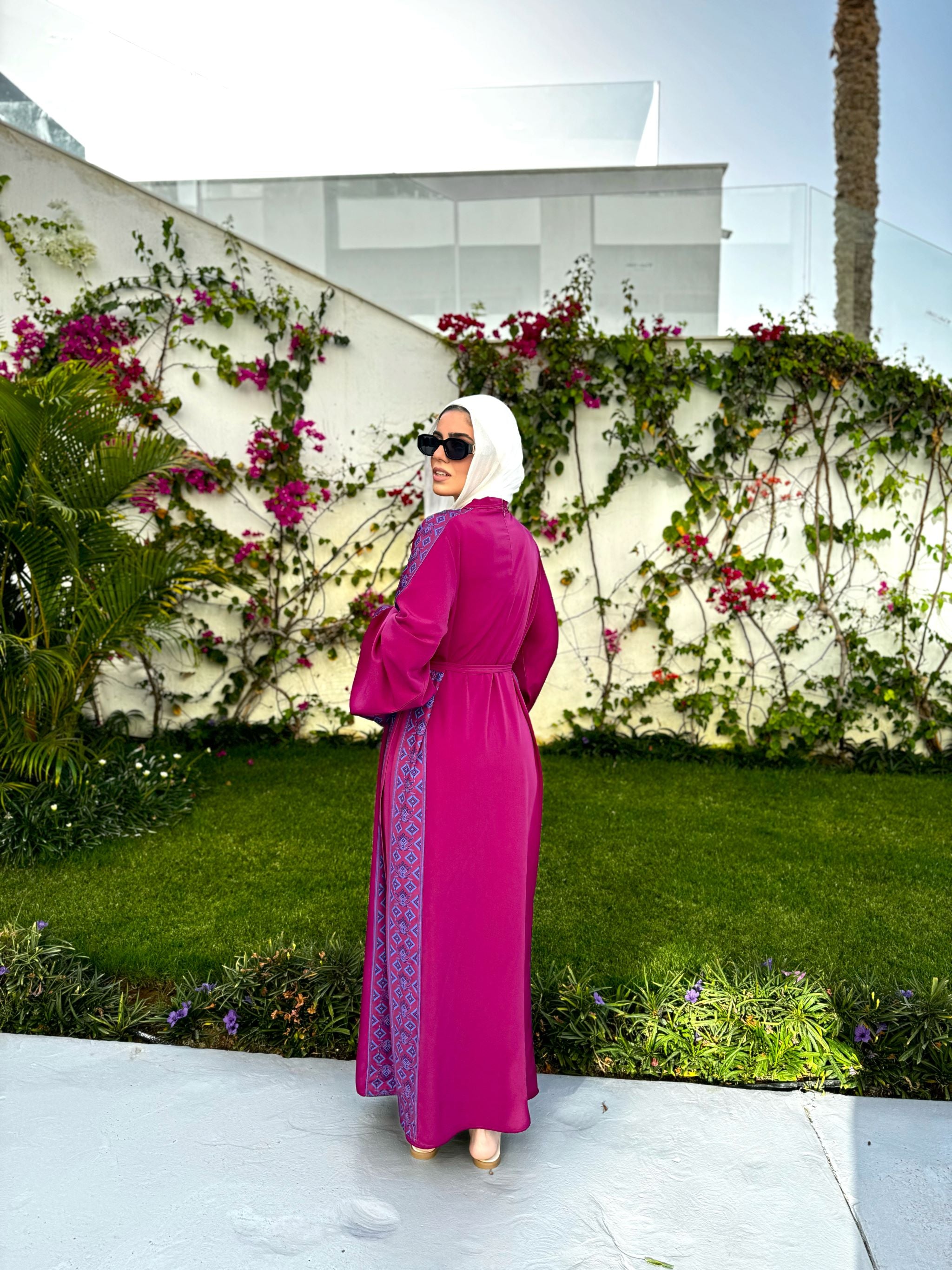 Borderd Side Slit Dress-Magenta