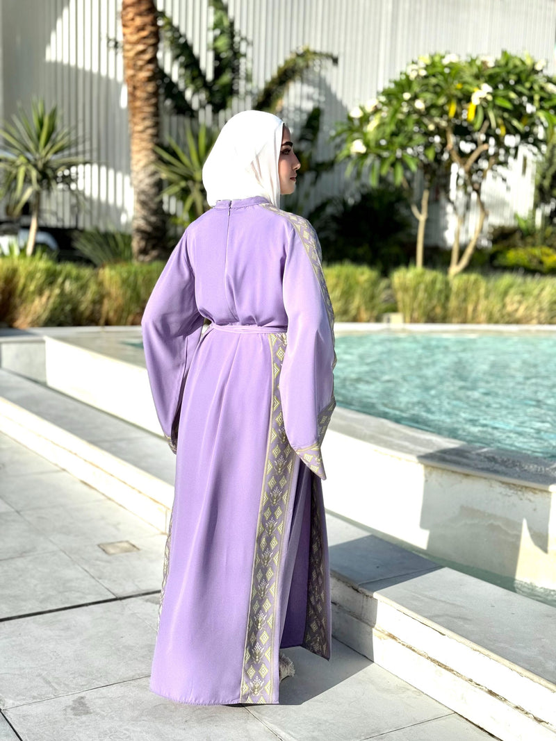 Borderd Side Slit Dress-Lilac