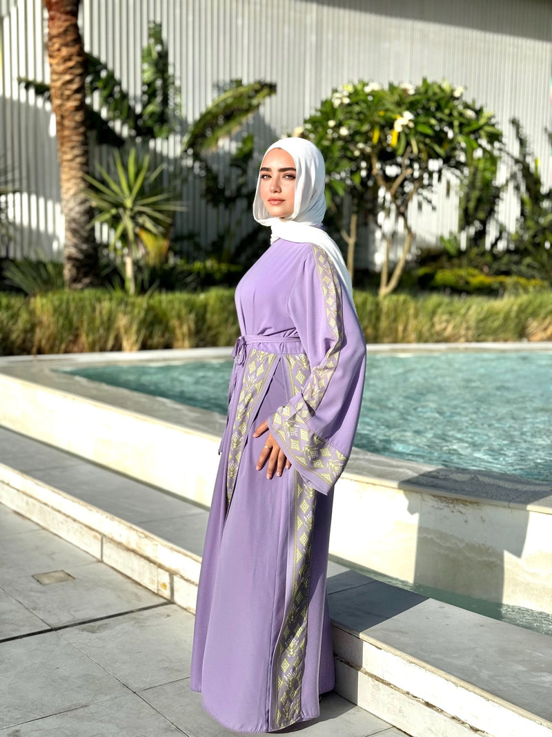 Borderd Side Slit Dress-Lilac