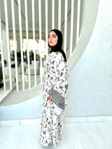 Bordered Flag Sleeves Dress-Beige