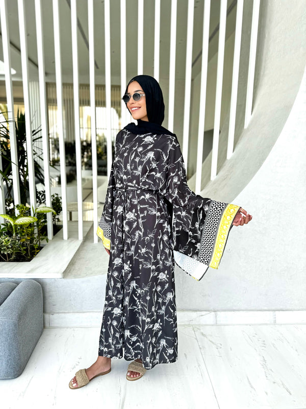 Bordered Flag Sleeves Dress-Black
