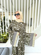 Bordered Flag Sleeves Dress-Olive