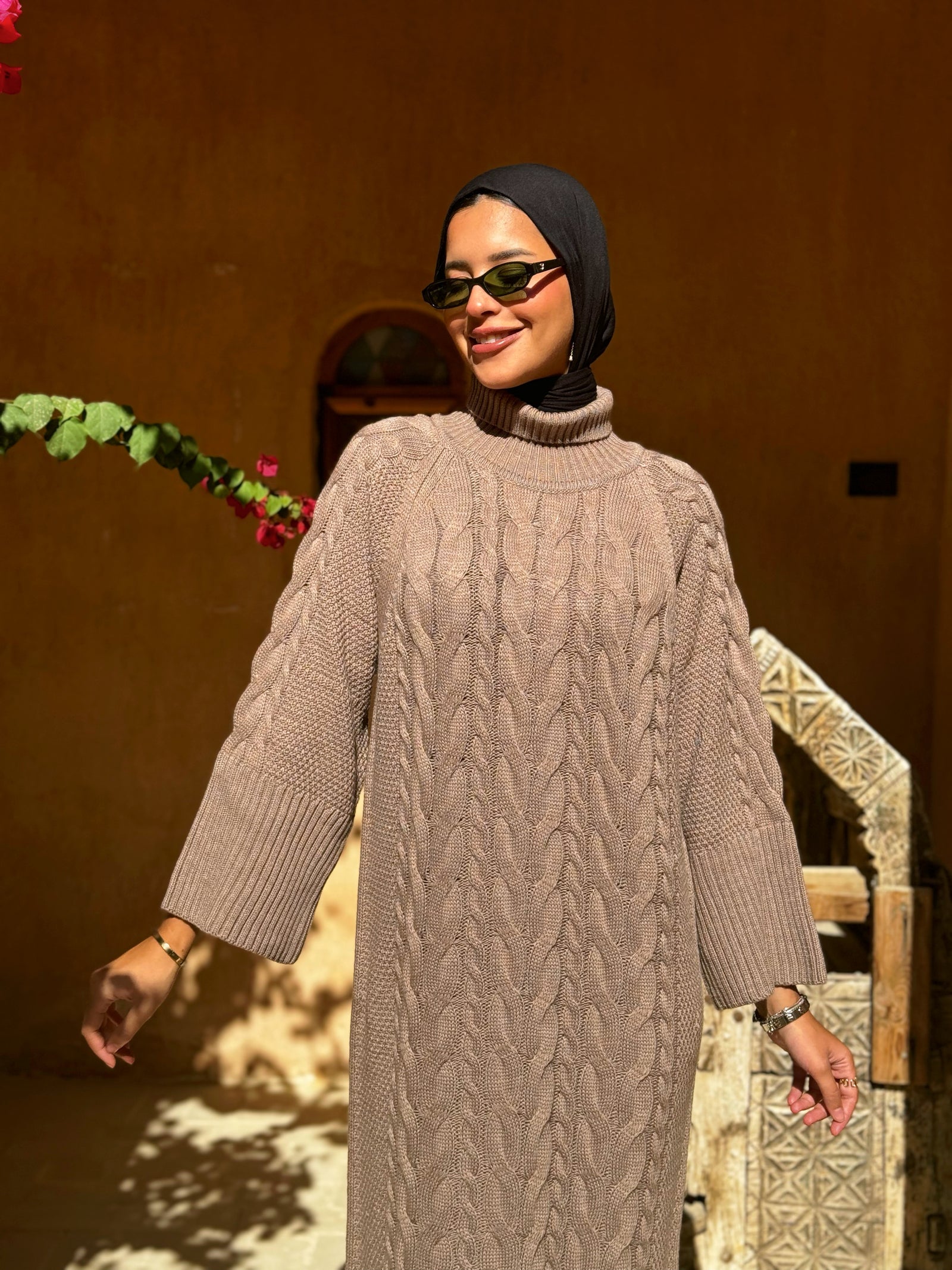 Braided Sleeves Knit Dress-Beige Hijab Boutique Braided Sleeves Knit Dress-Beige Hijab Boutique