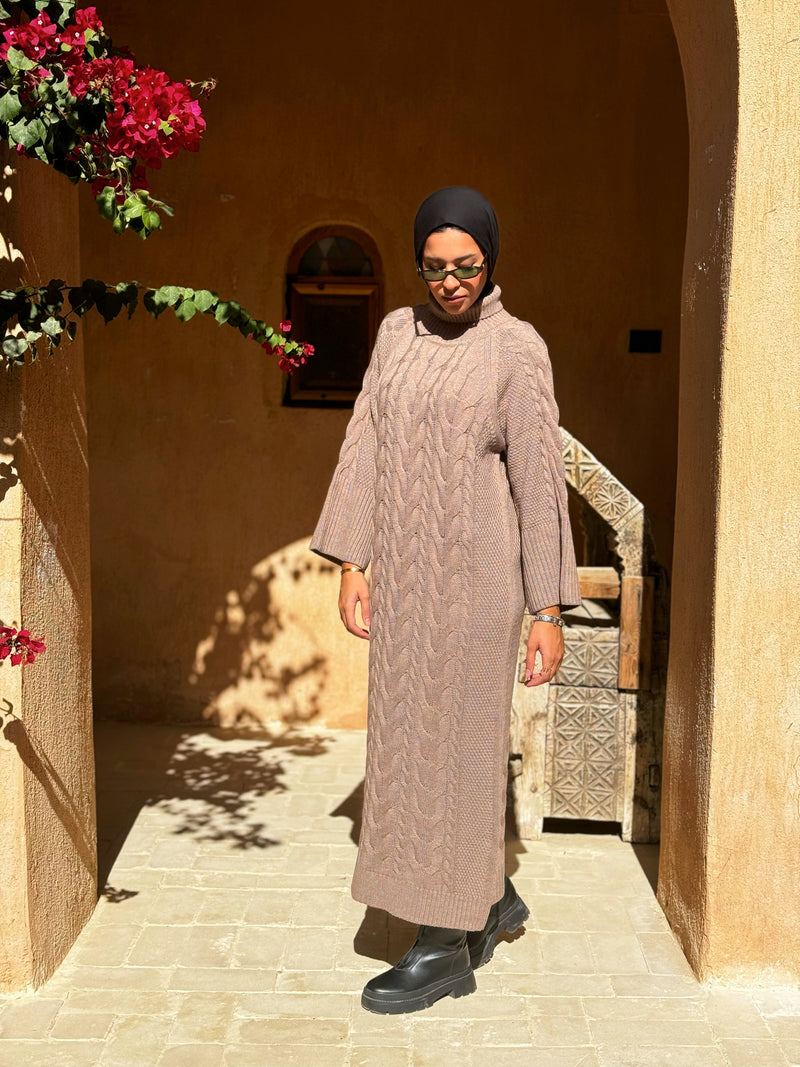Braided Sleeves Knit Dress-Beige Hijab Boutique Braided Sleeves Knit Dress-Beige Hijab Boutique