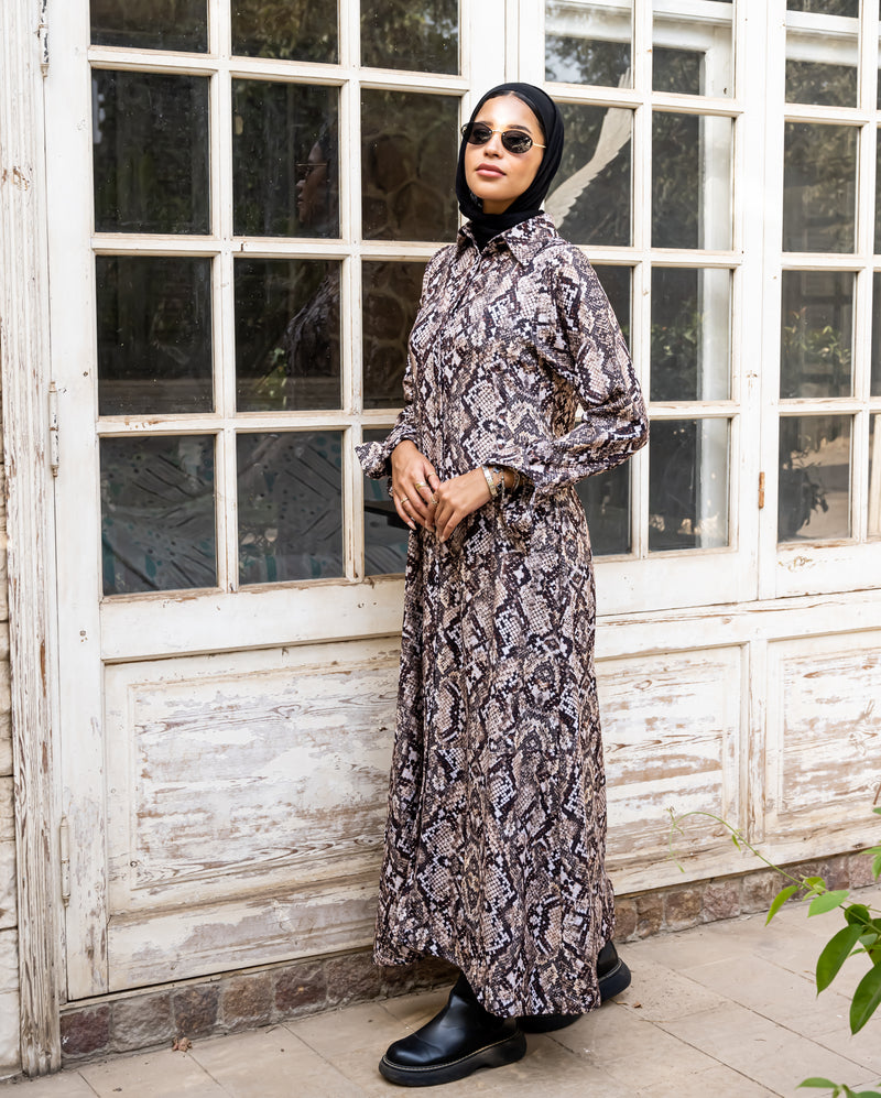 Button Down Shirt Dress - Snake Beige Hijab Boutique Button Down Shirt Dress - Snake Beige Hijab Boutique