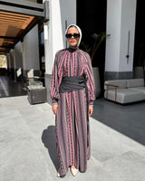 Chiffon Dress With Denim Belt - Maroon