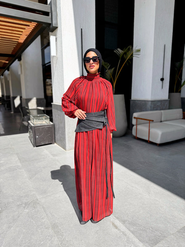 Chiffon Dress With Denim Belt - Orange