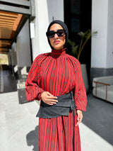 Chiffon Dress With Denim Belt - Orange