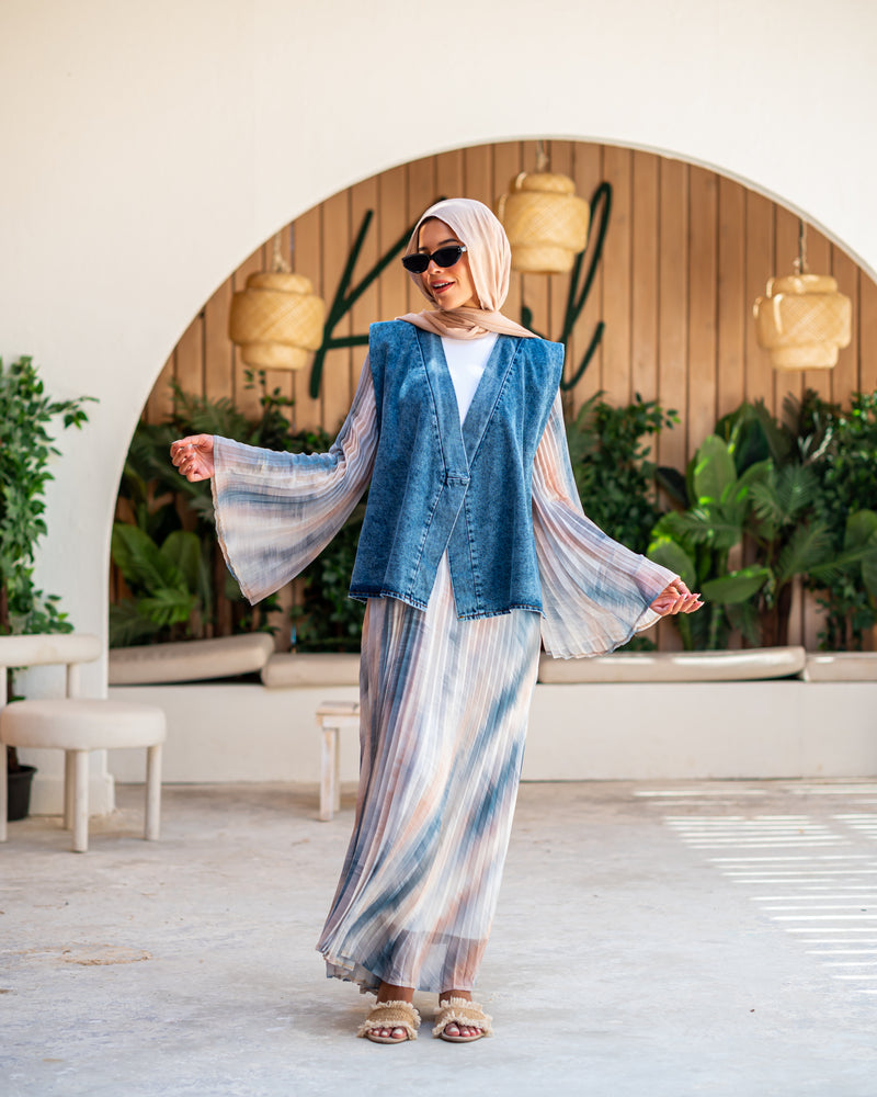 Chiffon Dress With Denim Vest - Tie-Dye Hijab Boutique Chiffon Dress With Denim Vest - Tie-Dye Hijab Boutique