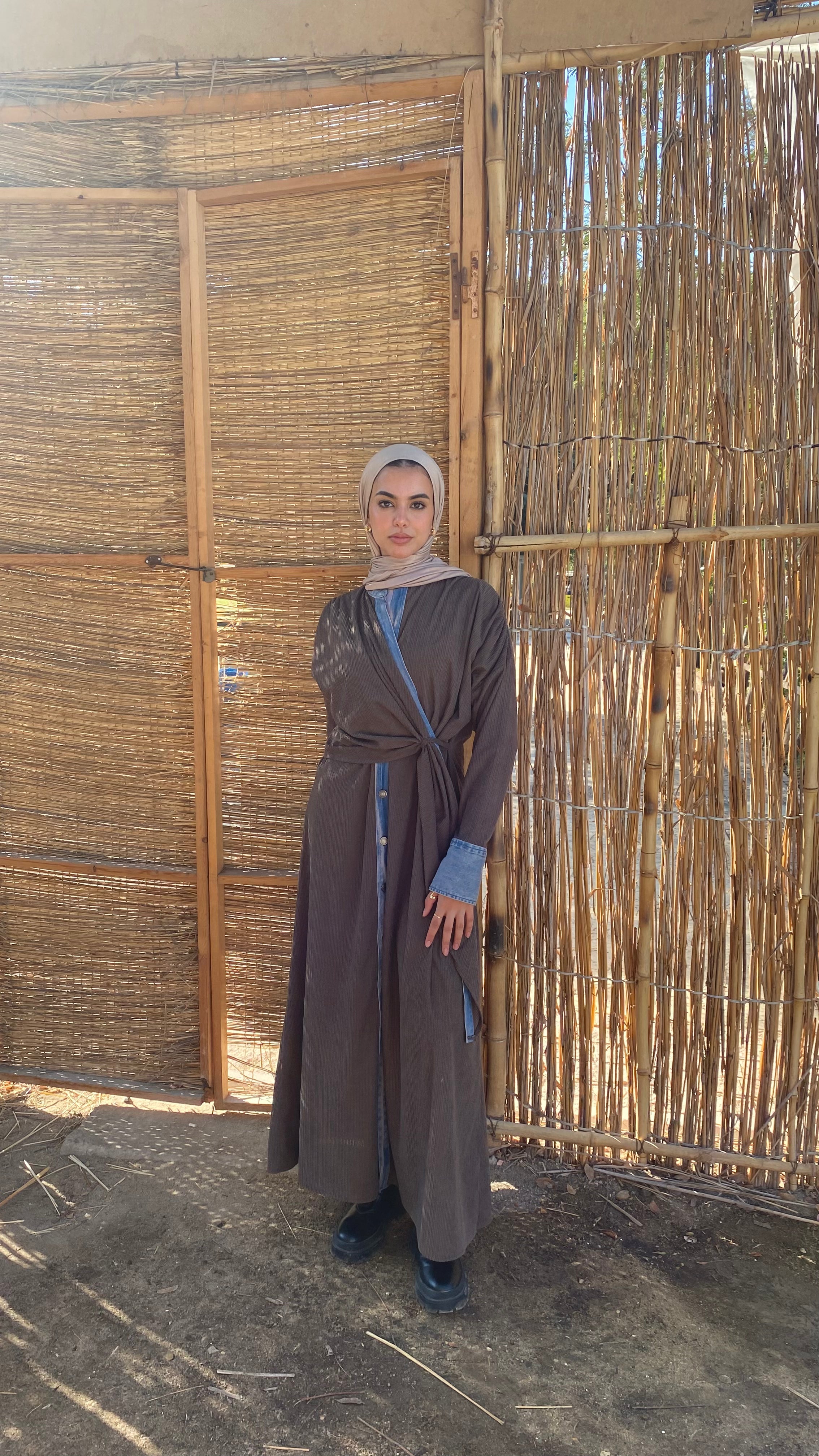 Corduroy With Denim Dress - Brown