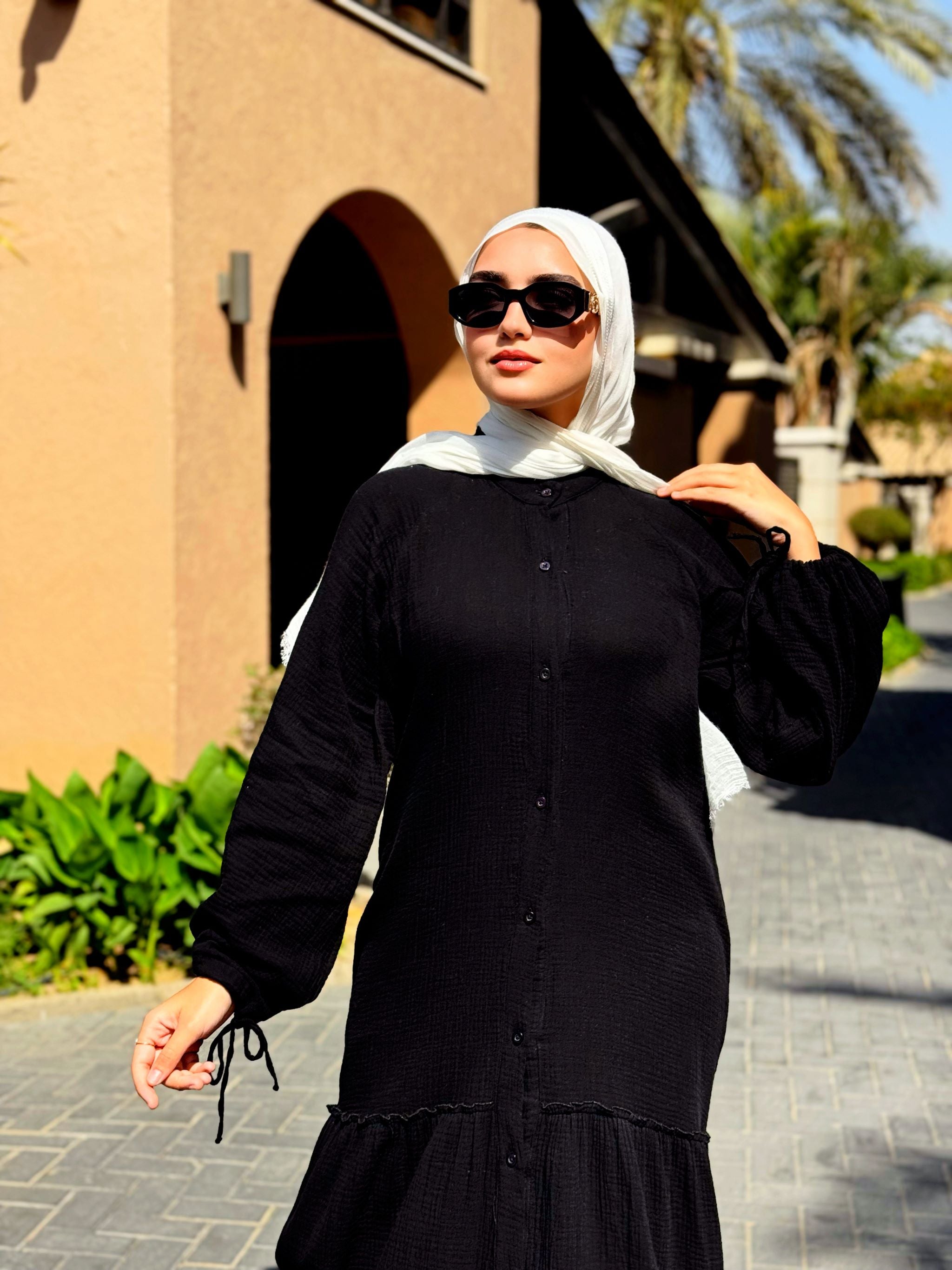 Crushed Cotton Dress-Black