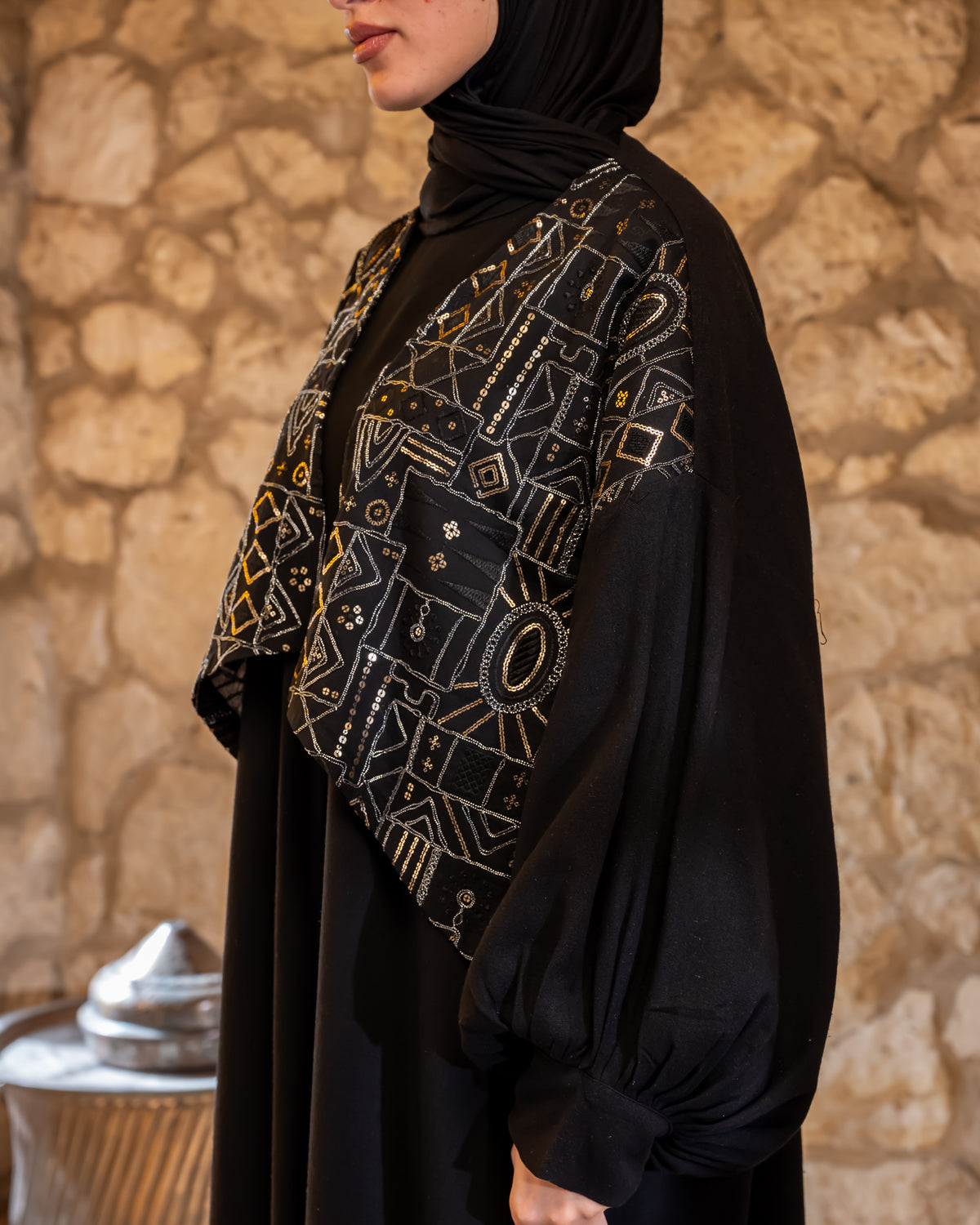 Embroidered Linen Kaftan - Black (available at stores)