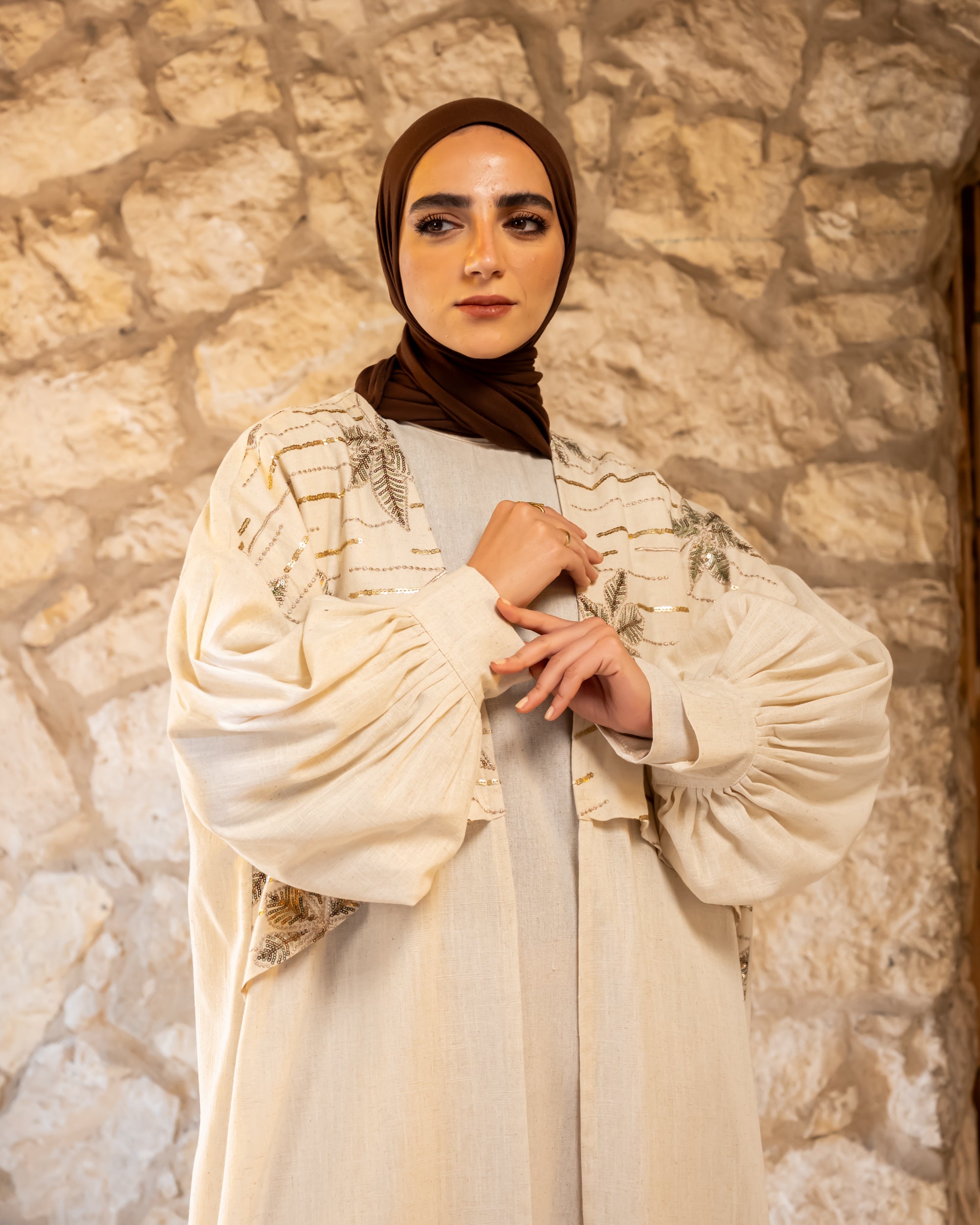 Embroidered Linen Kaftan - Beige (available at stores)