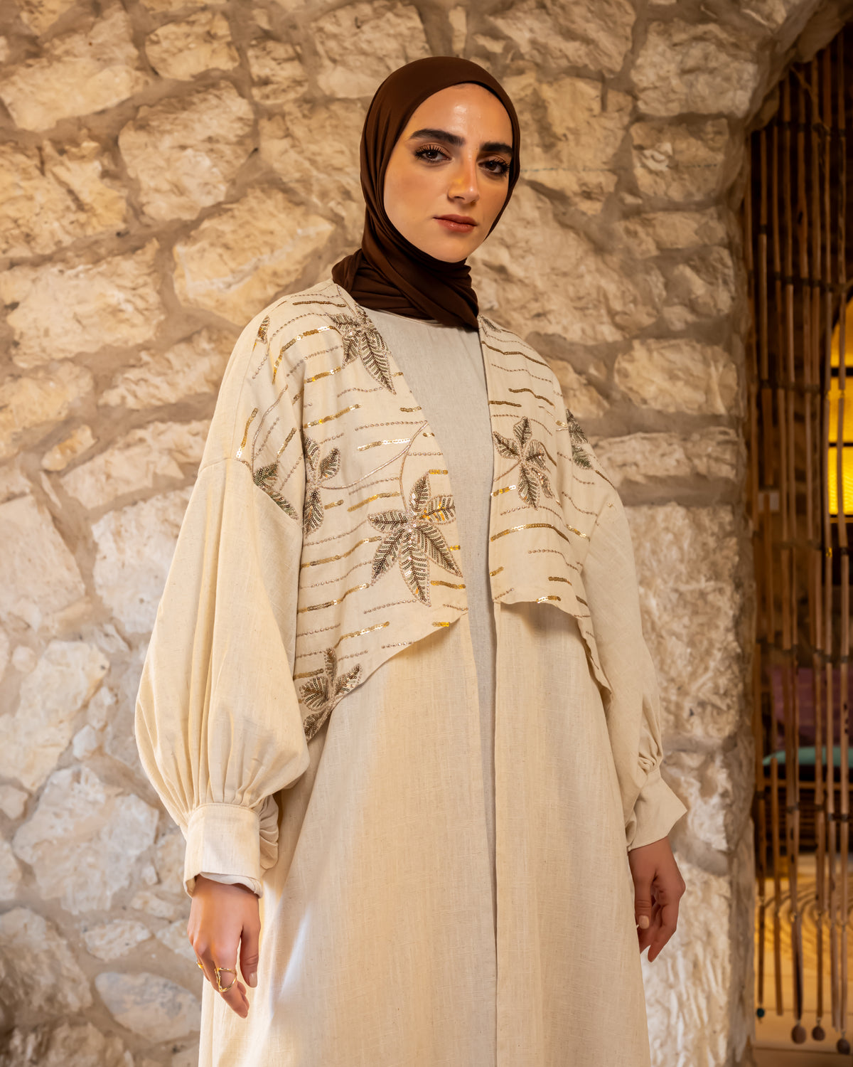 Embroidered Linen Kaftan - Beige (available at stores)