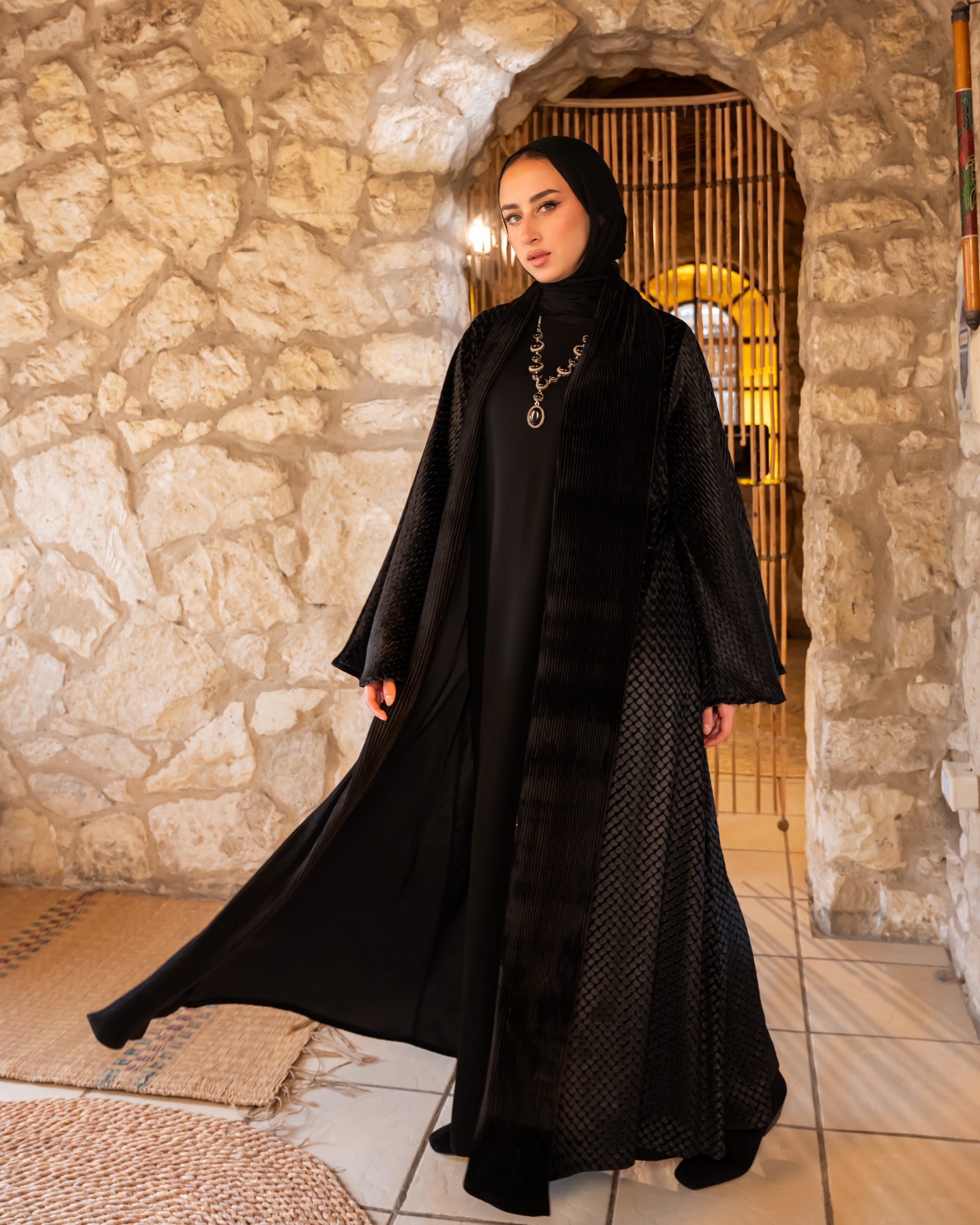 Mixed Velvet Kaftan - Black