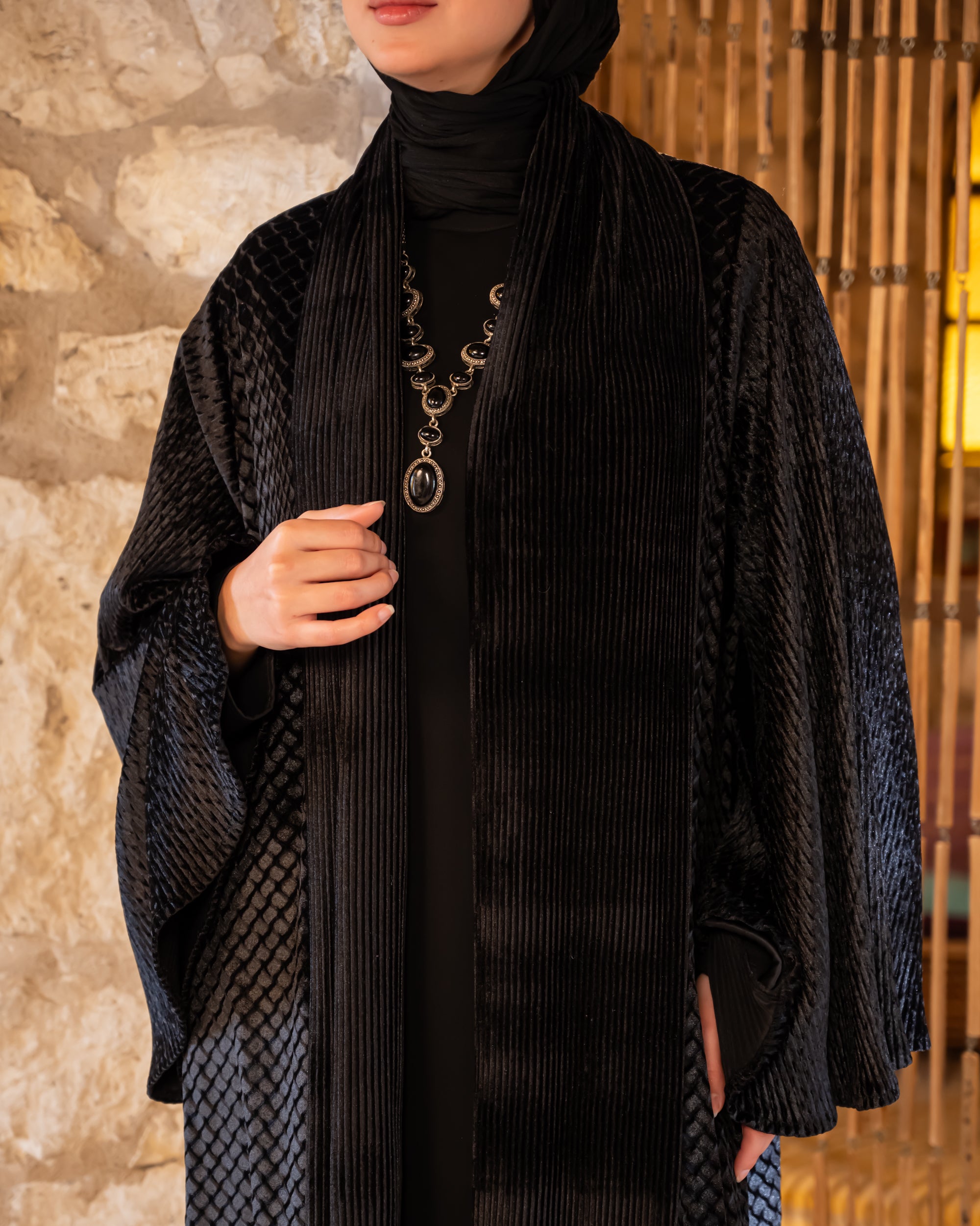 Mixed Velvet Kaftan - Black