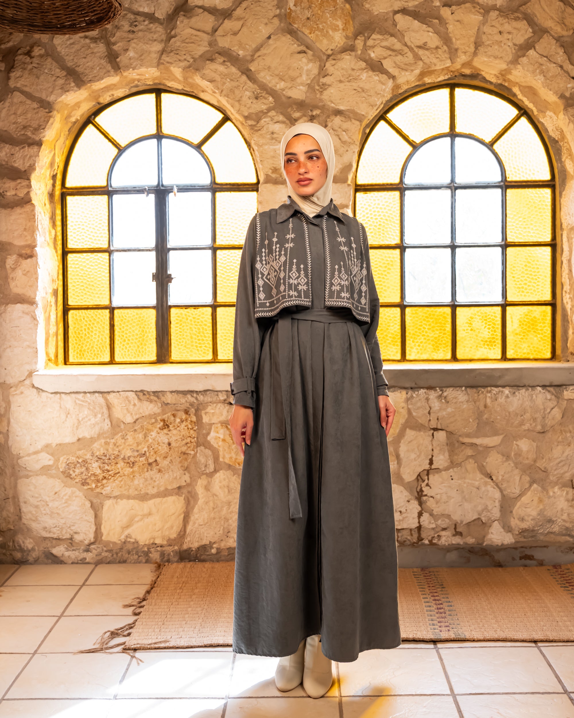 Serma Embroidery Abaya - Grey
