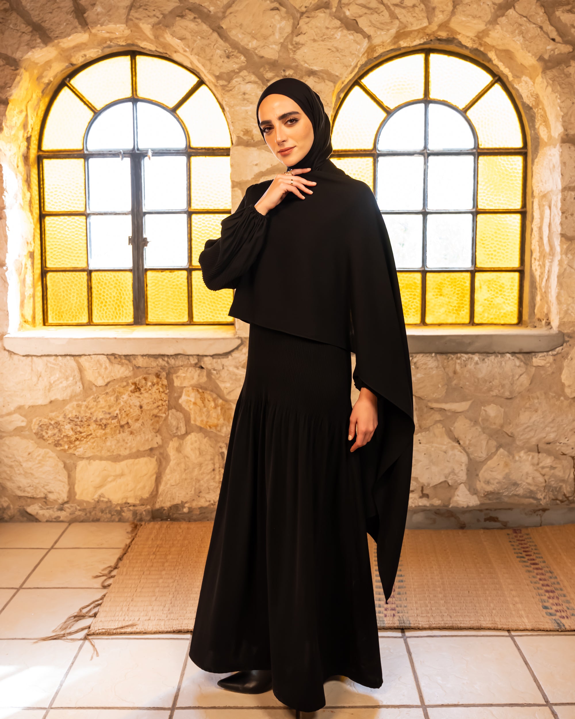 Accordion With Scarf Abaya - Black