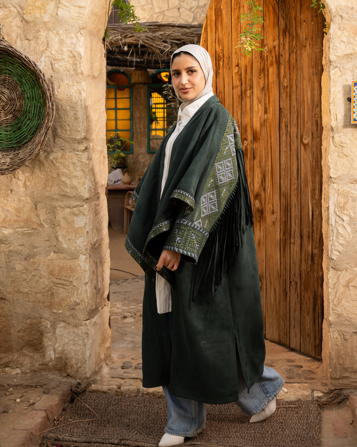 Etamin Fringed Kaftan-Olive